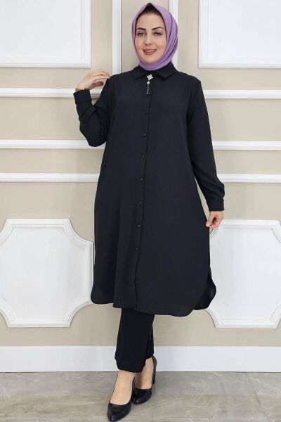PYS KADIN BROŞLU TESETTÜR GÖMLEK SİYAH - 5 BEDEN