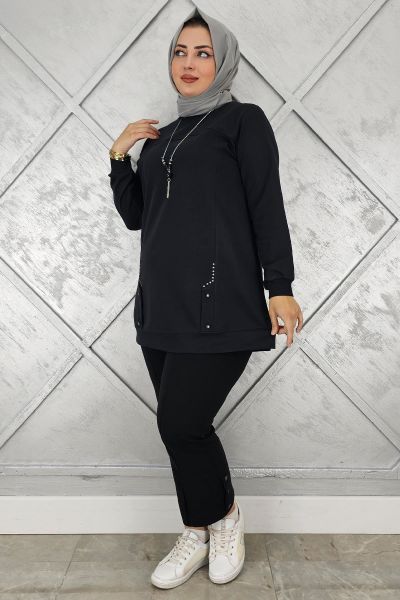 KADIN KOLYE DETAYLI TAŞLI TESETTÜR TUNİK SİYAH - XL