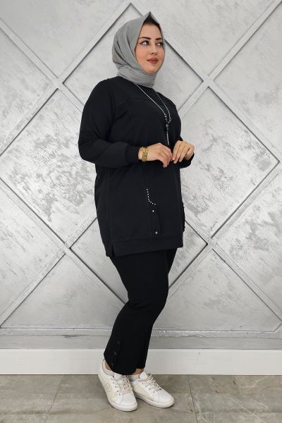 KADIN KOLYE DETAYLI TAŞLI TESETTÜR TUNİK SİYAH - XL