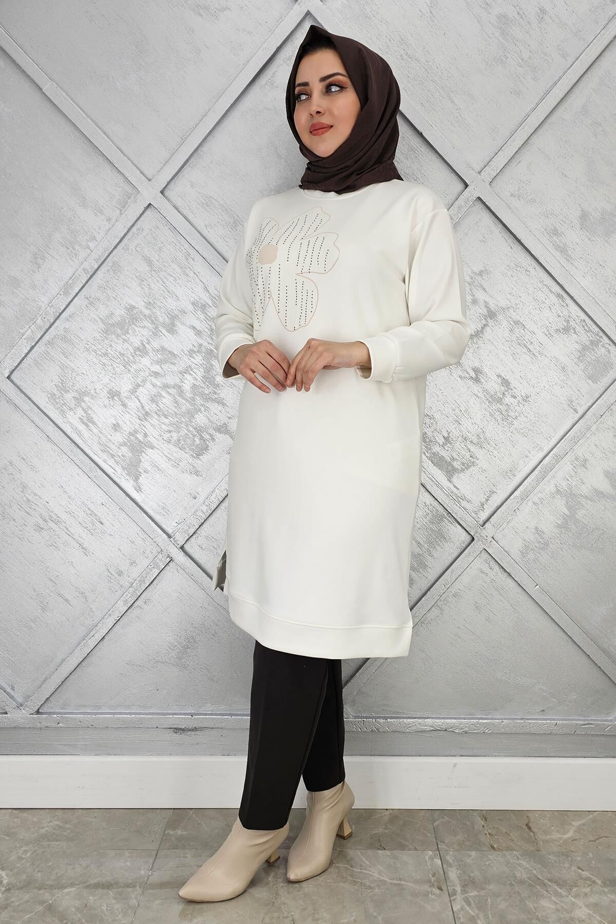 KADIN BASKI DETAYLI TESETTÜR TUNİK EKRU - 3 BEDEN