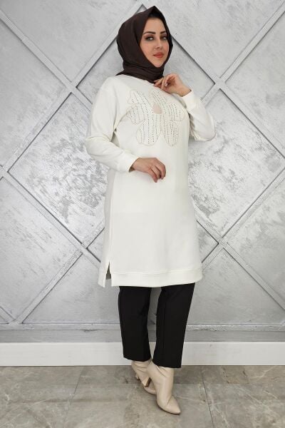 KADIN BASKI DETAYLI TESETTÜR TUNİK EKRU - 3 BEDEN