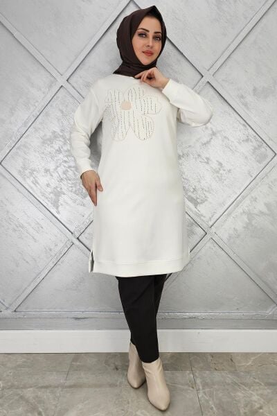 KADIN BASKI DETAYLI TESETTÜR TUNİK EKRU - 3 BEDEN