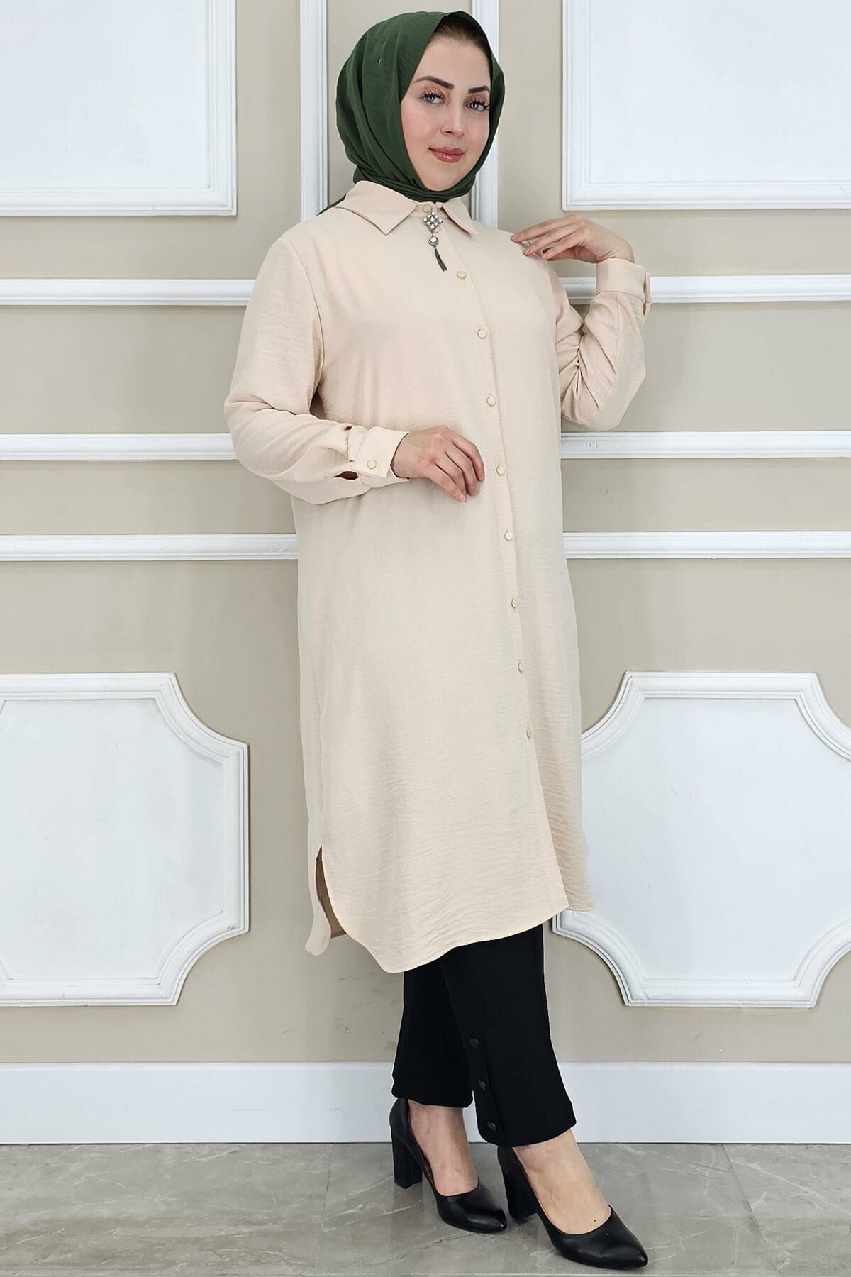 PYS KADIN BROŞLU TESETTÜR GÖMLEK TAŞ - 2 BEDEN