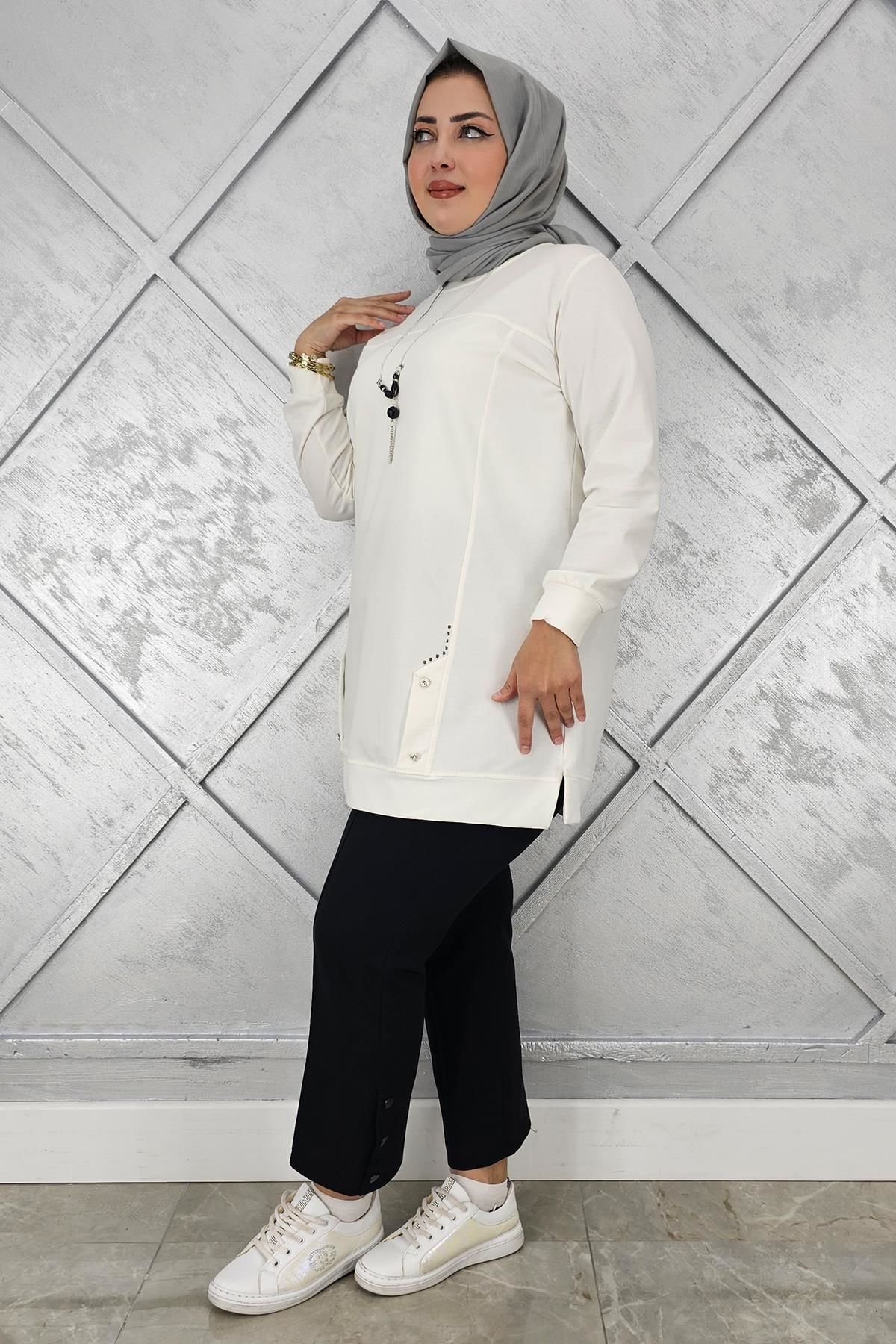 KADIN KOLYE DETAYLI TAŞLI TESETTÜR TUNİK EKRU - 3XL