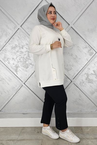 KADIN KOLYE DETAYLI TAŞLI TESETTÜR TUNİK EKRU - 3XL