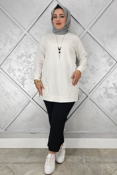 KADIN KOLYE DETAYLI TAŞLI TESETTÜR TUNİK EKRU - 3XL