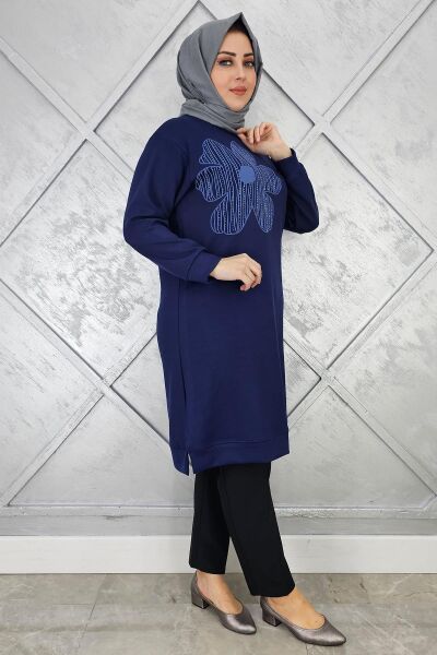 KADIN BASKI DETAYLI TESETTÜR TUNİK LACİVERT - 3 BEDEN