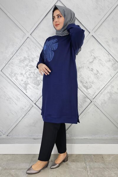 KADIN BASKI DETAYLI TESETTÜR TUNİK LACİVERT - 3 BEDEN