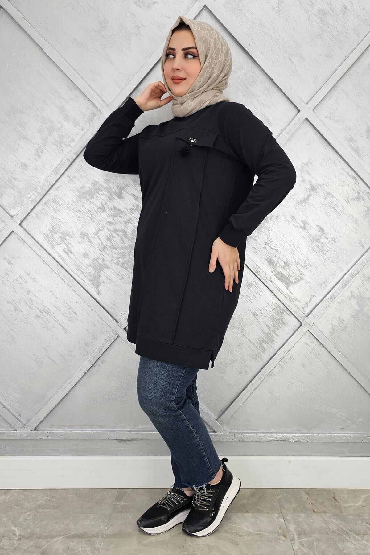 KADIN CEBİ TAŞ VE PÜSKÜL AKSESUAR DETAYLI TESETTÜR TUNİK SİYAH - L