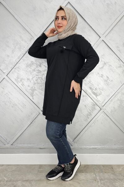 KADIN CEBİ TAŞ VE PÜSKÜL AKSESUAR DETAYLI TESETTÜR TUNİK SİYAH - L