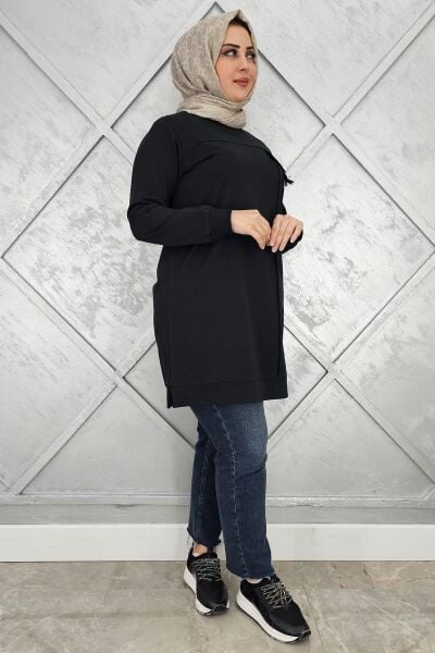 KADIN CEBİ TAŞ VE PÜSKÜL AKSESUAR DETAYLI TESETTÜR TUNİK SİYAH - L