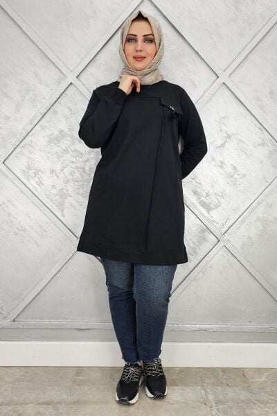 KADIN CEBİ TAŞ VE PÜSKÜL AKSESUAR DETAYLI TESETTÜR TUNİK SİYAH - L