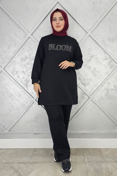 KADIN TAŞ BASKI DETAYLI TESETTÜR TAKIM SİYAH - XL