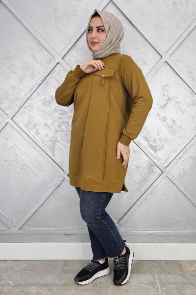 KADIN CEBİ TAŞ VE PÜSKÜL AKSESUAR DETAYLI TESETTÜR TUNİK YAĞ YEŞİLİ - XL