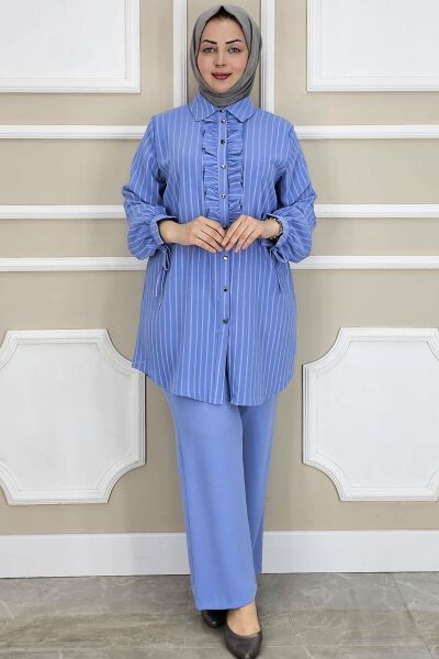 KADIN ÇİGİLİ FIRFIRLI GÖMLEK PANTOLON TESETTÜR TAKIM MAVİ - 5 BEDEN