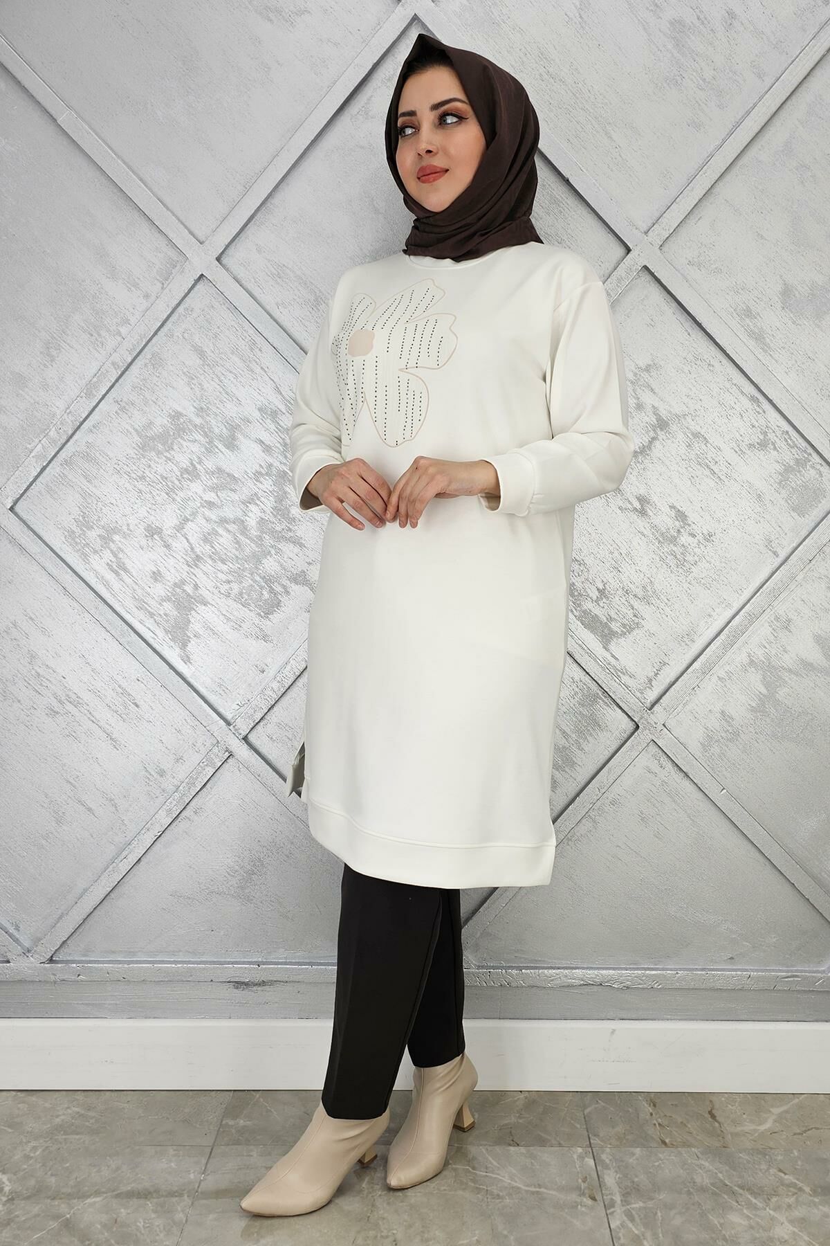 KADIN BASKI DETAYLI TESETTÜR TUNİK EKRU - 4 BEDEN