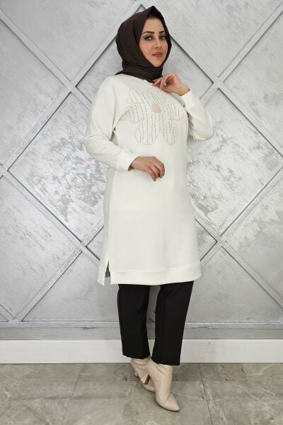KADIN BASKI DETAYLI TESETTÜR TUNİK EKRU - 4 BEDEN