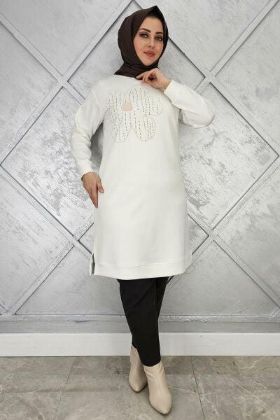 KADIN BASKI DETAYLI TESETTÜR TUNİK EKRU - 4 BEDEN