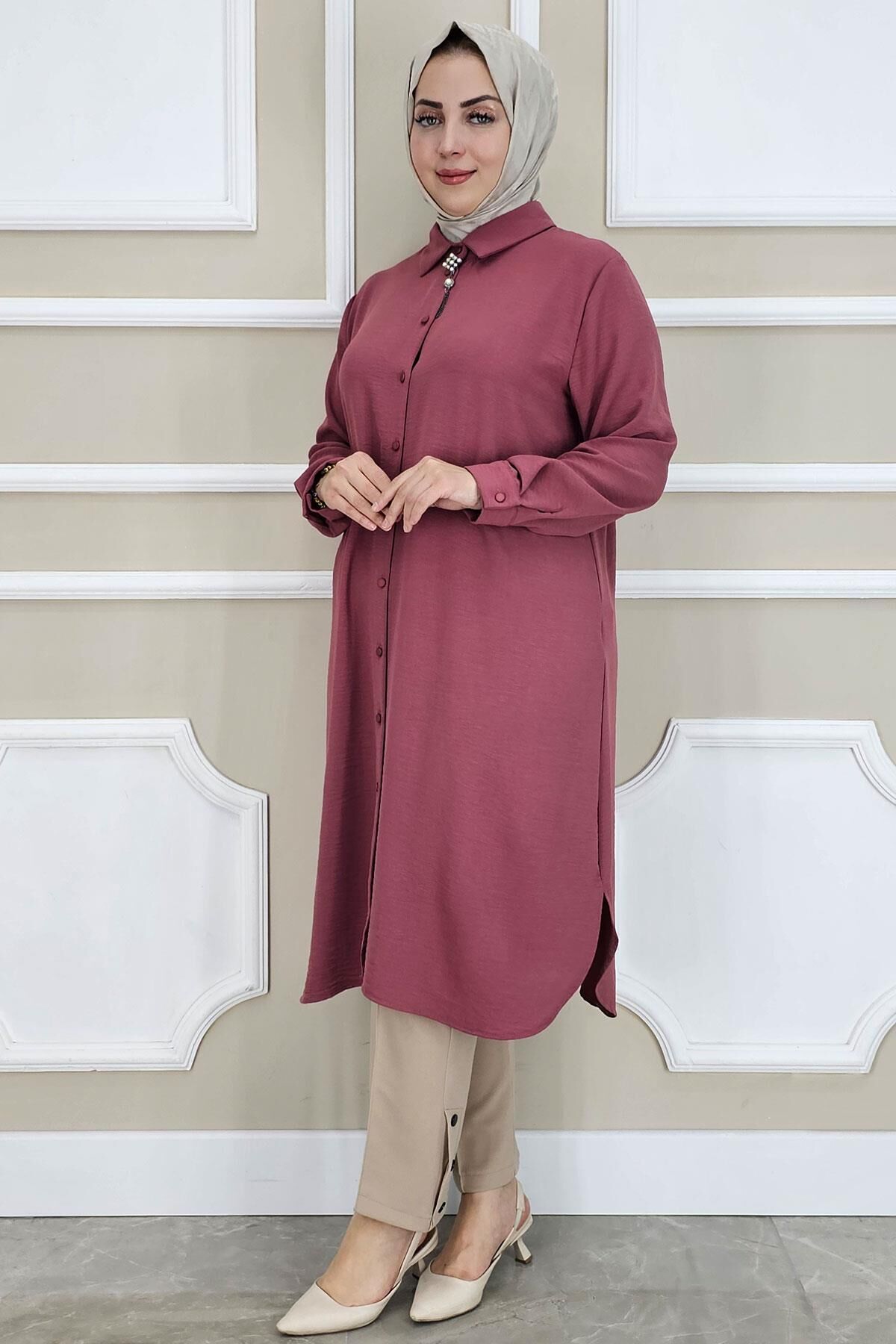 PYS KADIN BROŞLU TESETTÜR GÖMLEK GÜL KURUSU - 5 BEDEN