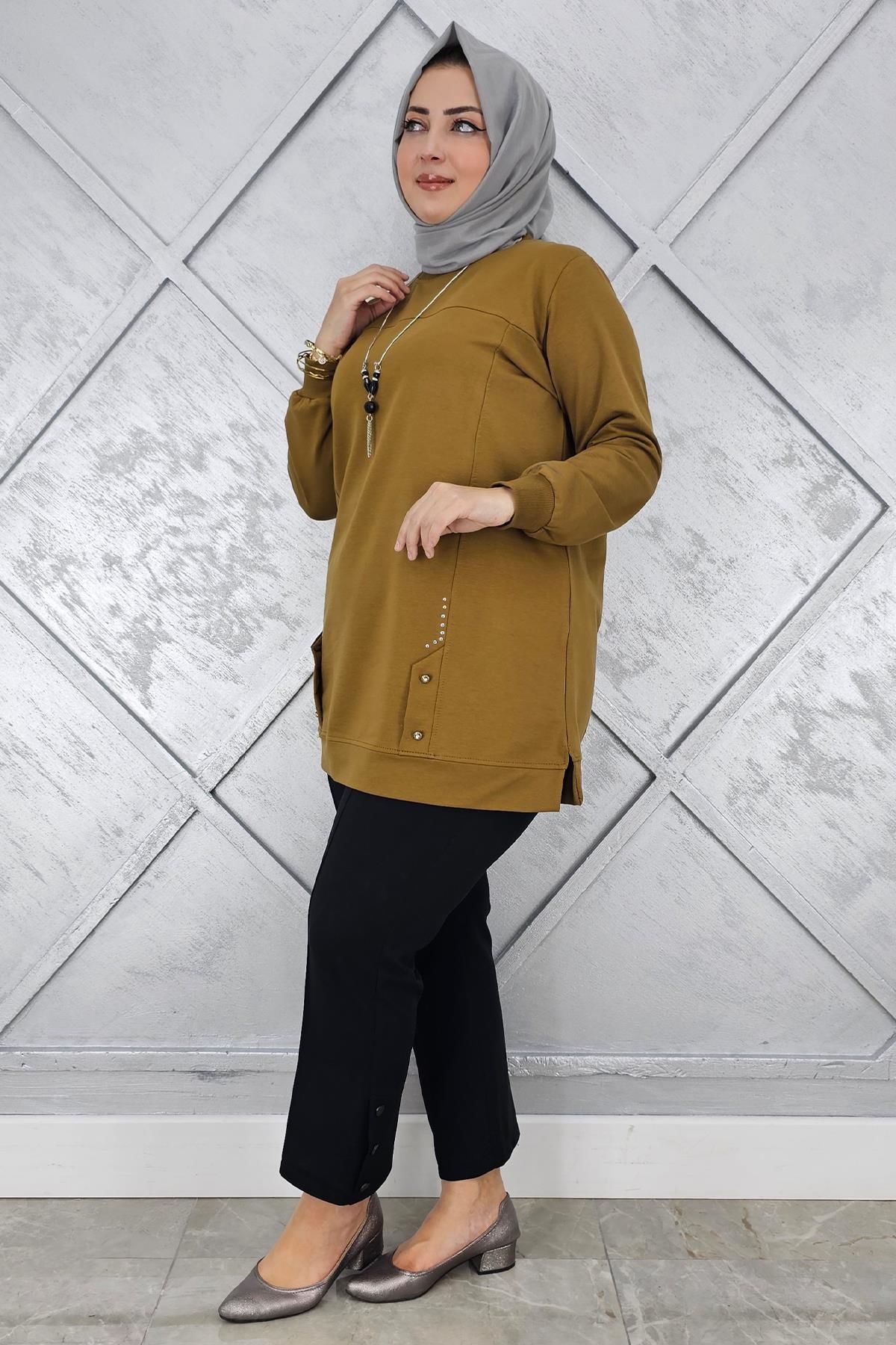 KADIN KOLYE DETAYLI TAŞLI TESETTÜR TUNİK YAĞ YEŞİLİ - 3XL