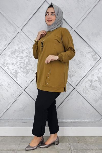 KADIN KOLYE DETAYLI TAŞLI TESETTÜR TUNİK YAĞ YEŞİLİ - 3XL