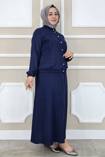 PYS KADIN YAY DESENLİ TESETTÜR TAKIM LACİVERT - 3 BEDEN