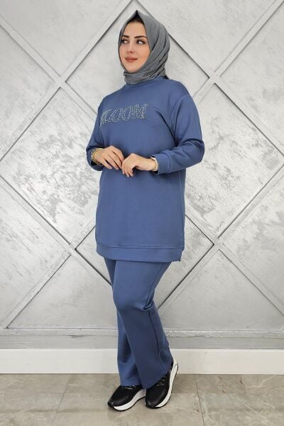 KADIN TAŞ BASKI DETAYLI TESETTÜR TAKIM MAVİ - 2XL