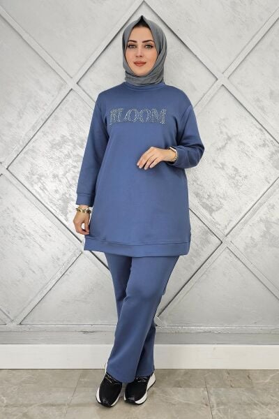 KADIN TAŞ BASKI DETAYLI TESETTÜR TAKIM MAVİ - 2XL