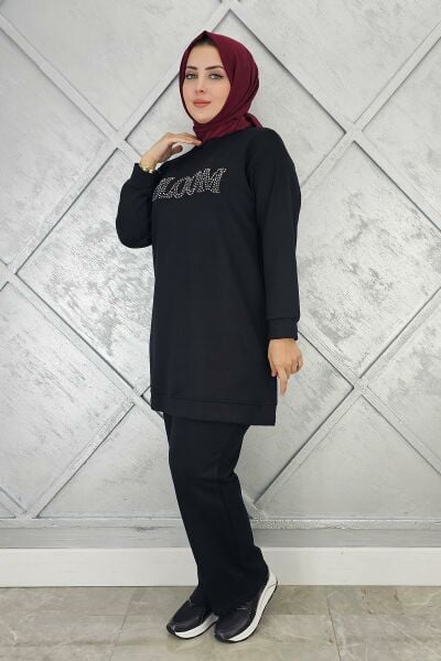 KADIN TAŞ BASKI DETAYLI TESETTÜR TAKIM SİYAH - 3XL