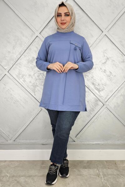 KADIN CEBİ TAŞ VE PÜSKÜL AKSESUAR DETAYLI TESETTÜR TUNİK MAVİ - XL