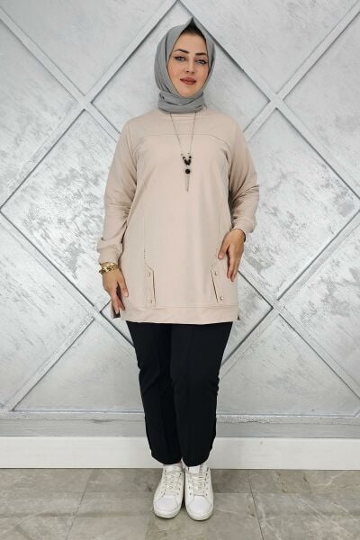 KADIN KOLYE DETAYLI TAŞLI TESETTÜR TUNİK BEJ - 2XL
