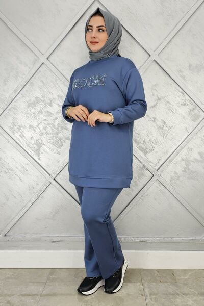 KADIN TAŞ BASKI DETAYLI TESETTÜR TAKIM MAVİ - 3XL