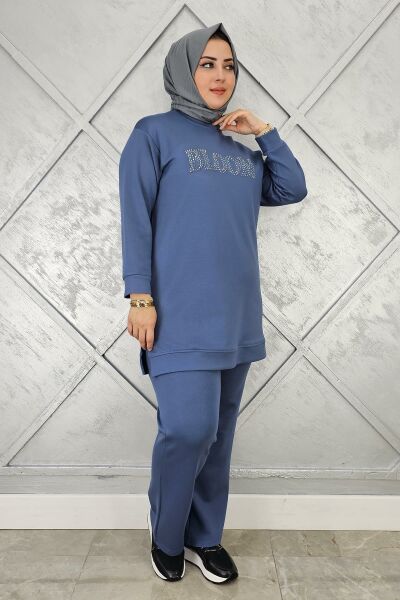 KADIN TAŞ BASKI DETAYLI TESETTÜR TAKIM MAVİ - 3XL