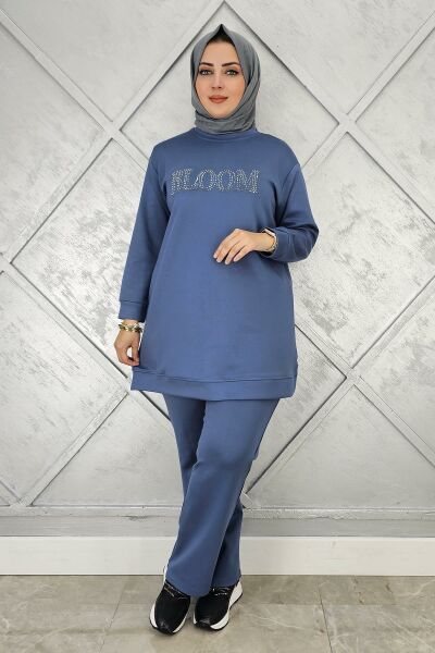 KADIN TAŞ BASKI DETAYLI TESETTÜR TAKIM MAVİ - 3XL