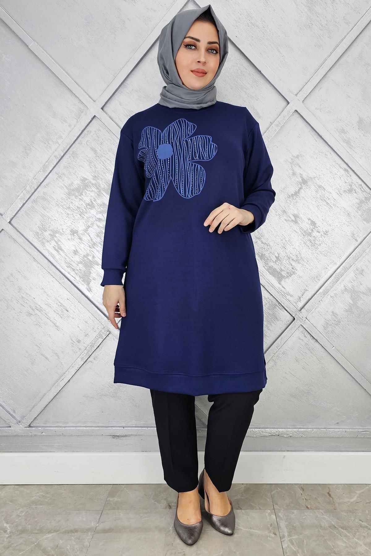 KADIN BASKI DETAYLI TESETTÜR TUNİK LACİVERT - 2 BEDEN