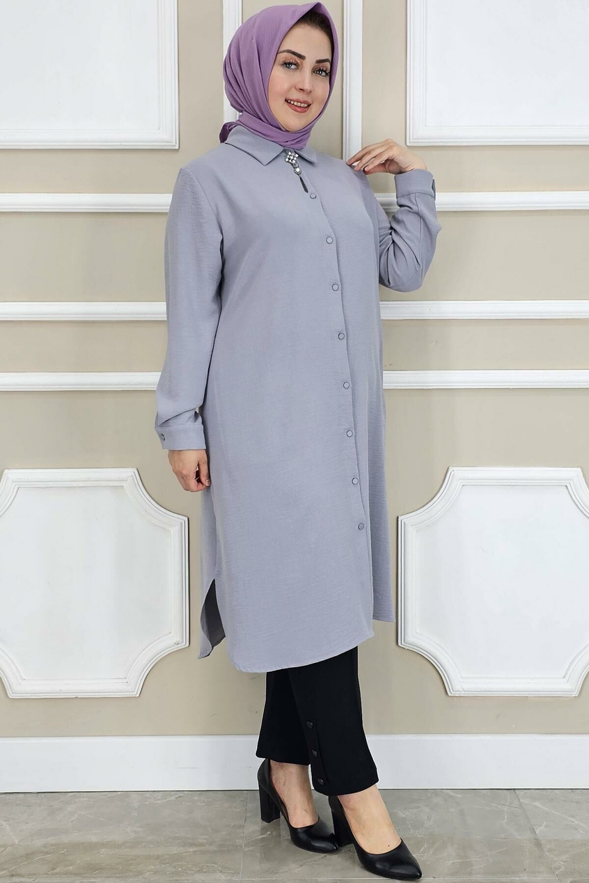 PYS KADIN BROŞLU TESETTÜR GÖMLEK GRİ - 3 BEDEN