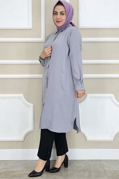 PYS KADIN BROŞLU TESETTÜR GÖMLEK GRİ - 3 BEDEN