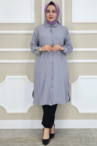 PYS KADIN BROŞLU TESETTÜR GÖMLEK GRİ - 3 BEDEN