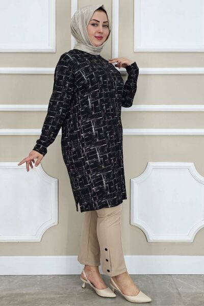 PYS KADIN DESENLİ TESETTÜR TUNİK SİYAH - 2 BEDEN