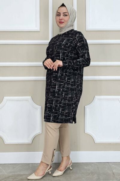 PYS KADIN DESENLİ TESETTÜR TUNİK SİYAH - 2 BEDEN
