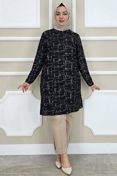 PYS KADIN DESENLİ TESETTÜR TUNİK SİYAH - 2 BEDEN