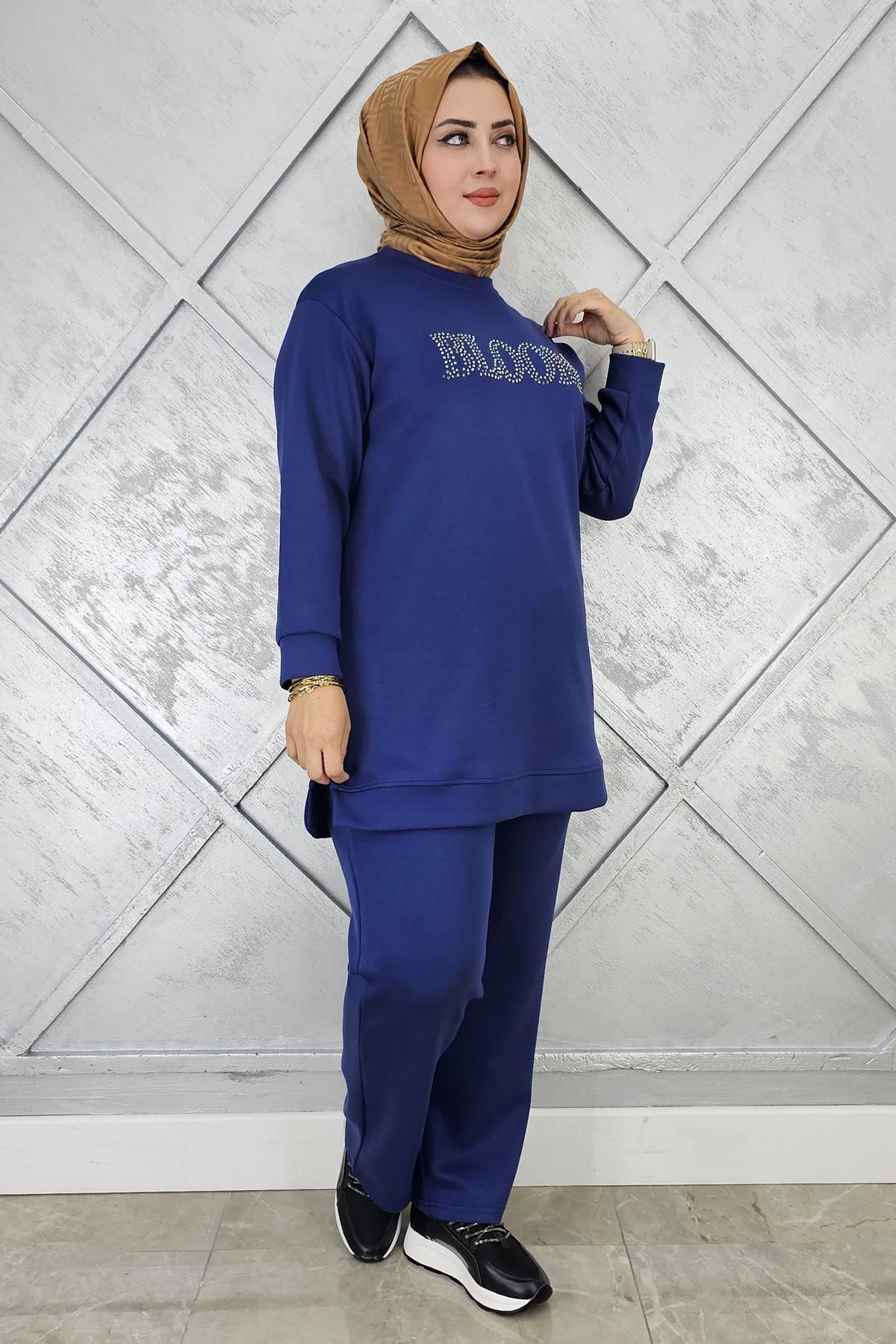 KADIN TAŞ BASKI DETAYLI TESETTÜR TAKIM İNDİGO - L