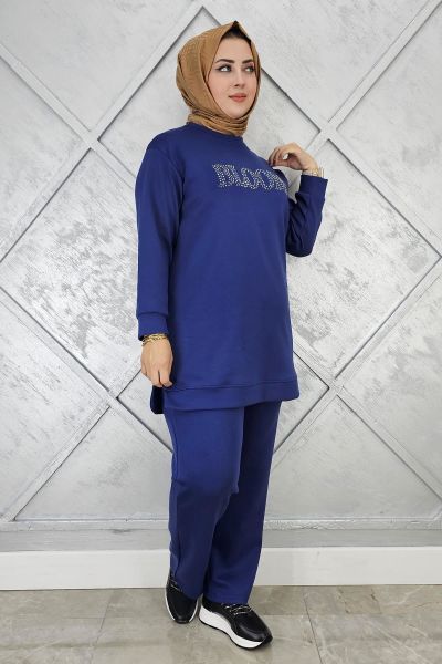 KADIN TAŞ BASKI DETAYLI TESETTÜR TAKIM İNDİGO - L
