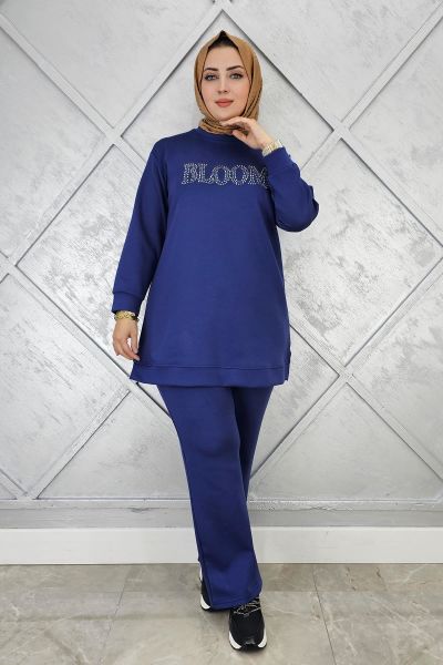 KADIN TAŞ BASKI DETAYLI TESETTÜR TAKIM İNDİGO - L