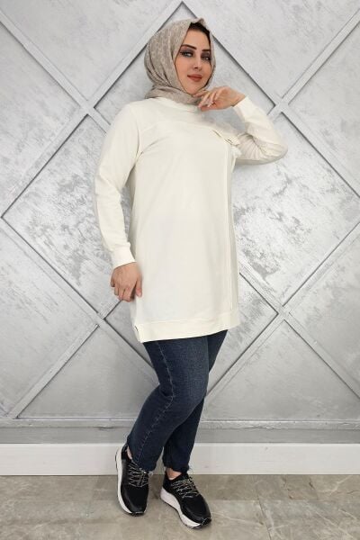 KADIN CEBİ TAŞ VE PÜSKÜL AKSESUAR DETAYLI TESETTÜR TUNİK EKRU - 3XL