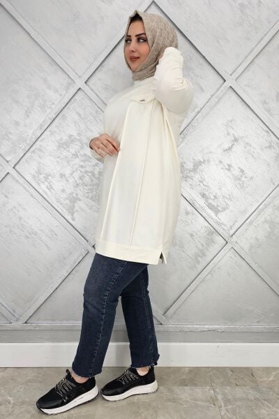 KADIN CEBİ TAŞ VE PÜSKÜL AKSESUAR DETAYLI TESETTÜR TUNİK EKRU - 3XL