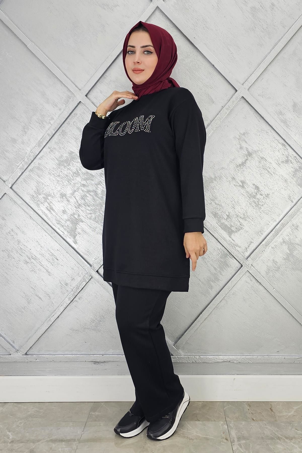 KADIN TAŞ BASKI DETAYLI TESETTÜR TAKIM SİYAH - L