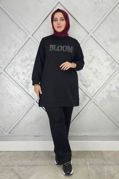 KADIN TAŞ BASKI DETAYLI TESETTÜR TAKIM SİYAH - L