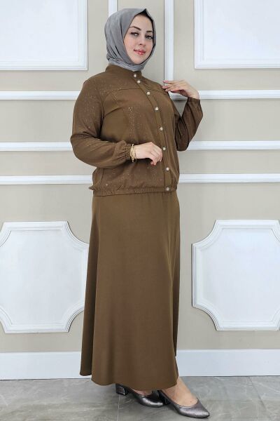 PYS KADIN YAY DESENLİ TESETTÜR TAKIM KAHVERENGİ - 3 BEDEN