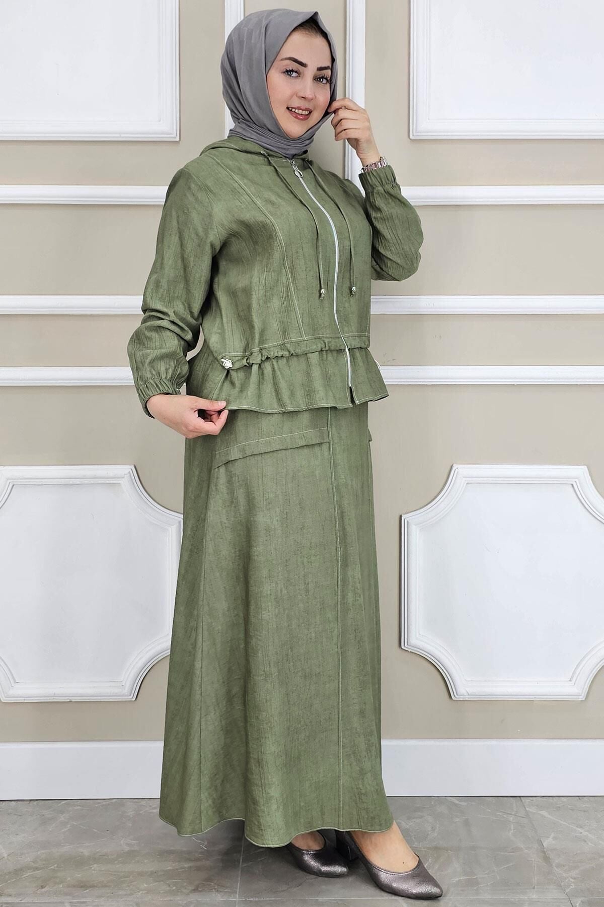 KADIN KAPÜŞONLU ETEKLİ TESETTÜR TAKIM HAKİ - 3 BEDEN